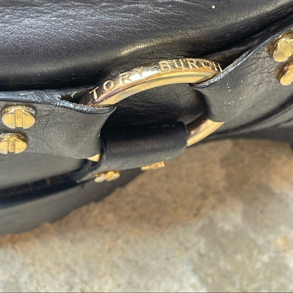 Rare Tory Burch Moto Boot Black Gold Leather Ronnie Biker Lug Sole Womens 7.5 - Picture 9 of 14